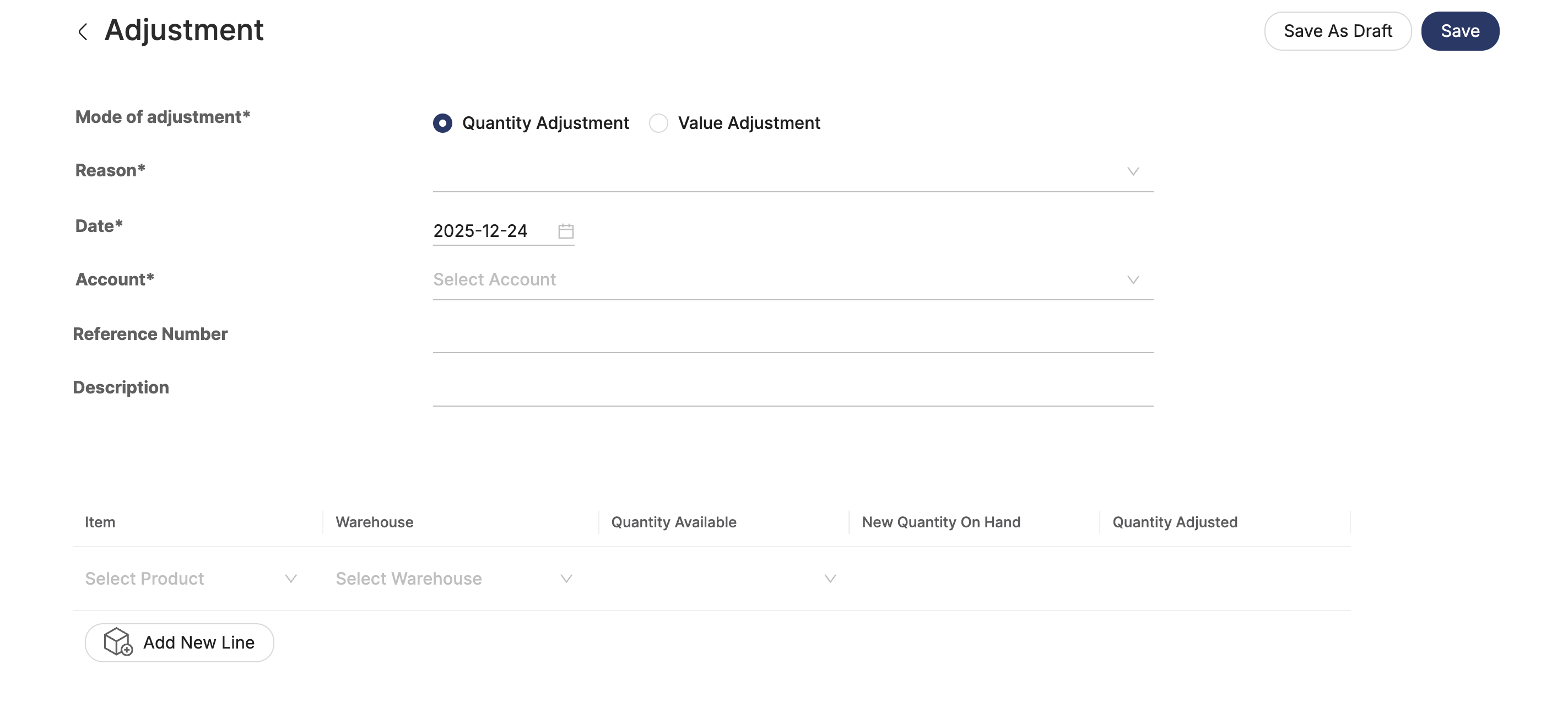 Quantity Adjustment Screen